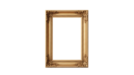 Ornate antique gold picture frame with intricate carvings and blank space, isolated on transparent background