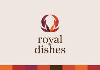 This sophisticated logo design for 'Royal Dishes' elegantly showcases premium dining, reflecting quality and luxury in culinary art suitable for upscale food businesses and restaurants.