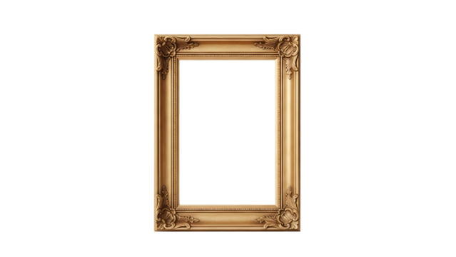 Ornate antique gold picture frame with intricate carvings and blank space, isolated on transparent background