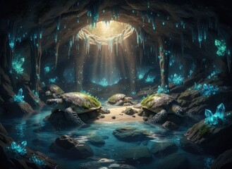 Enchanted cavern with luminous crystals, turtles bask in a sunlit pool