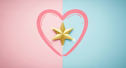 A shiny golden star within a pink heart outline, centered on a soft pastel pink and light blue split background.