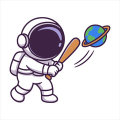 Astronaut Swings Baseball Bat at Earth Cartoon Illustration Space Sports Concept.