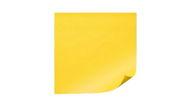 Yellow sticky note with a curled corner, blank for text, isolated on transparent background 