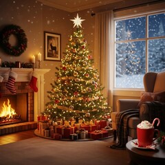 Decorated Christmas tree with lights and ornaments in cozy living room with fireplace and presents for holiday season celebration background interior design home decor festive winter atmosphere