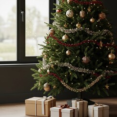 Decorated Christmas tree with lights and ornaments in cozy living room with fireplace and presents for holiday season celebration background interior design home decor festive winter atmosphere