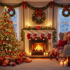 Christmas tree with golden lights by fireplace in modern living room with gifts stockings and decorations for xmas holiday greeting card background festive home interior seasonal celebration scene
