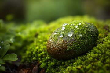 A moss-covered stone glistens with water droplets in a lush, green forest floor scene.