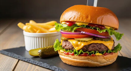 Classic American beef hamburger with melted cheese, fresh lettuce, tomato, and pickles, served on a slate board with golden french fries.