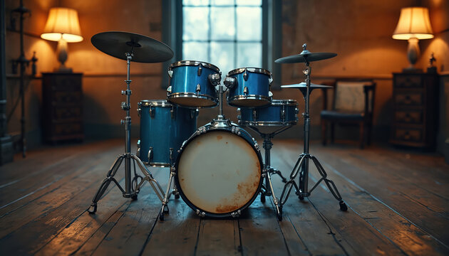 Vintage blue drum set with worn bass drum on wooden floor in dimly lit room with lamps and furniture. Old drum kit in studio or home interior with soft light.