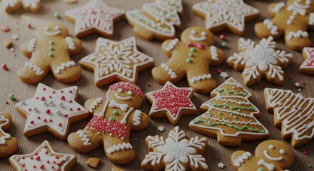 Close-up of gingerbread cookies with icing designs,