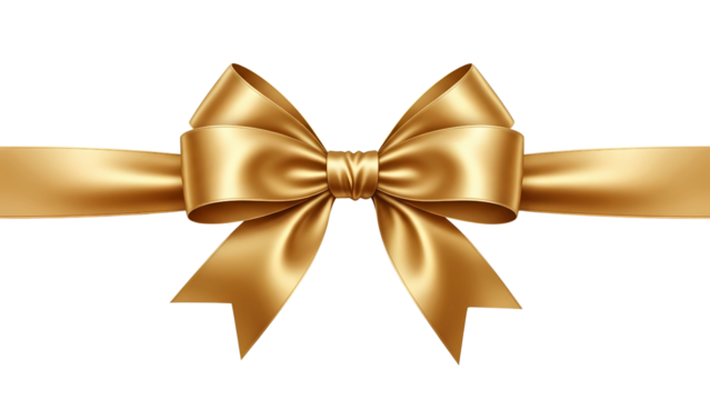 Luxurious golden satin ribbon bow for elegant gift wrapping and festive decor, isolated on transparent background 