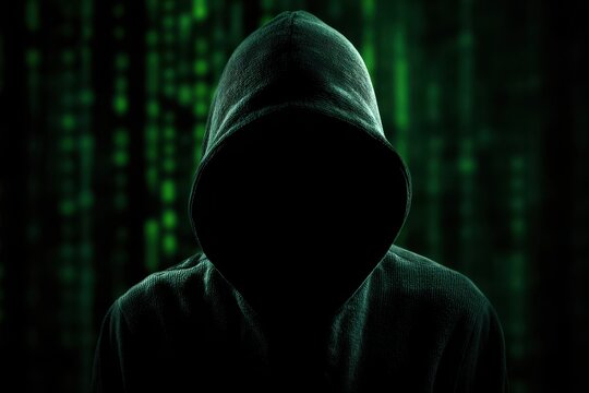 Vibrant photo of hacker in a hood with binary code in the background, cyber security concept