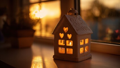 Vibrant photo of decorative house shaped lantern glowing on a windowsill at sunset