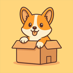 Fototapeta premium Cartoon Corgi Puppy in a Cardboard Box with Tongue Sticking Out.
