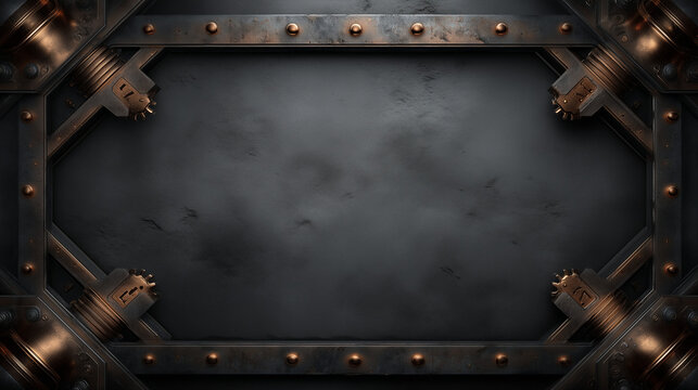 Dark futuristic background with metallic steampunk frame, bolts and grunge texture, perfect for sci-fi or tech designs.
