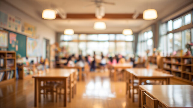 Abstract blurred image of a bright primary school classroom with rows of wooden desks and chairs, morning sunlight streaming through.