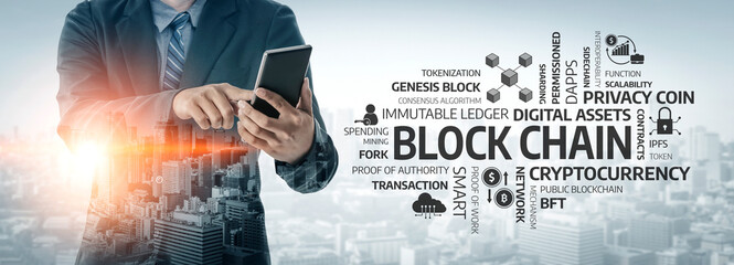 A businessman interacting with a tablet showcases various blockchain technology elements against a city skyline, highlighting trends in digital finance and security solutions. Tessel