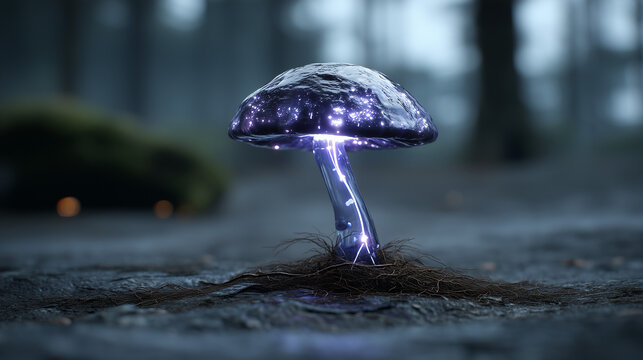 Luminous bioluminescent mushroom with glowing purple cap in a fantasy forest environment, magical and surreal atmosphere.