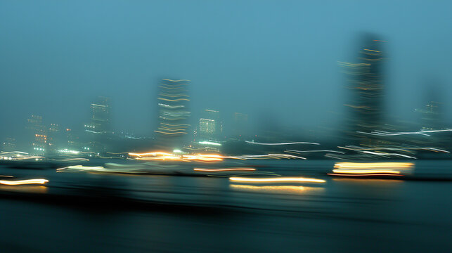 Blurry city skyline at night with colorful light trails and motion blur in a moody futuristic setting