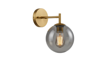 Modern brass wall sconce with smoked glass globe and edison bulb, isolated on transparent background 