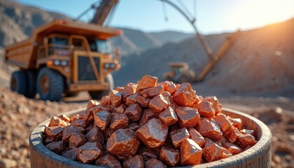 Copper ore sits in bowl at mine site. Excavator loads dump truck with raw materials. Heavy machinery extracts mineral rocks, earth moving vehicles transport resources in quarry.