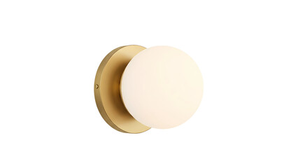 Modern round wall sconce with brass base and white spherical diffuser, isolated on transparent background 