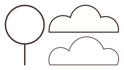 Simple tree circle outline with two cloud shapes in minimal style. Ideal for nature, ecology, outdoors, environment, simplicity, weather, and abstract design concepts. Flat minimal metaphor