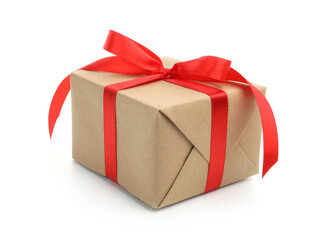 One gift box with ribbon isolated on white