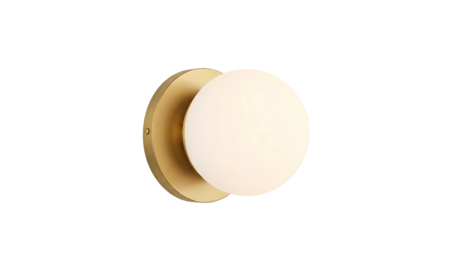 Modern round wall sconce with brass base and white spherical diffuser, isolated on transparent background 