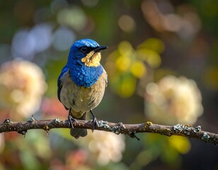 Obraz premium A vibrant bird with blue, yellow, and tan plumage perches on a weathered branch. Soft, out-of-focus floral backdrop