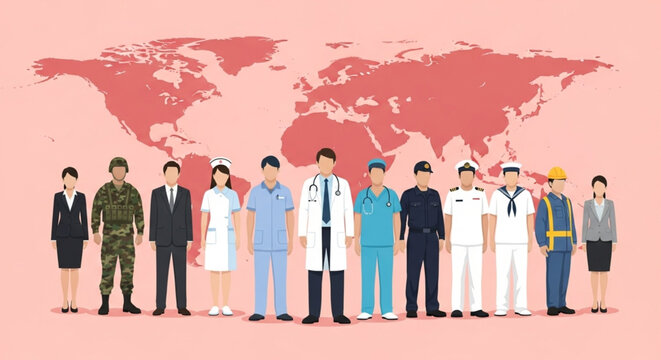 World Civil Defence Day Diverse professions represented on a world map background, symbolizing global workforce and unity in careers