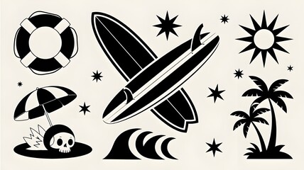 A vector cartoon set of vintage air transport icons including an airplane, a rocket, and a jet near a surfboard on the sea