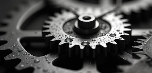 Close up black and white photo of metallic clock gears with water droplets. Interlocking wheels show intricate mechanical detail and vintage industrial design for complex systems.