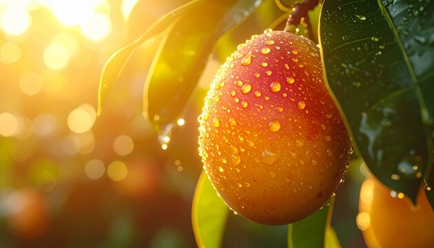 Gac fruit with water droplets in sunlight, vibrant and fresh.