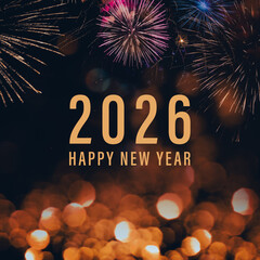Obraz premium Happy New Year 2026 greeting card with fireworks and bokeh lights on dark background