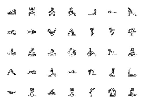 Yoga Pose icon set. Vector illustration. Includes Brdge, Goddess, Cobra, Downwrd Dog, Lotus, Chair, Came and more. Minimal line icns.