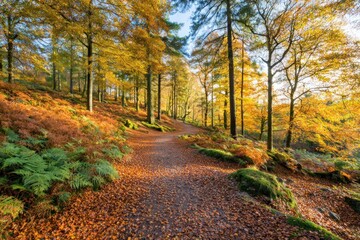 Autumnal path through a colorful woodland.