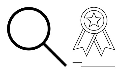 Magnifying glass highlighting scrutiny and focus, paired with an award ribbon symbolizing recognition and quality. Ideal for analytics, success, evaluation, achievement, quality assurance, research