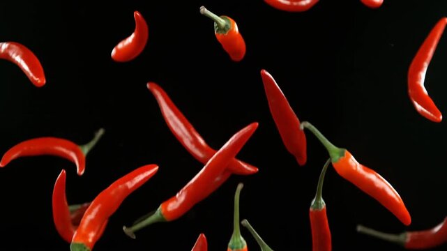 Fresh red chili peppers explode & float in super slow motion on black background. Great for cooking, heat, spice, or food visuals.
