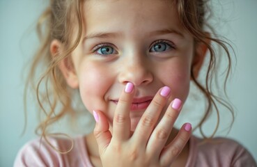 Cute little girl with bright blue eyes smiles, looking directly at camera. Curly blonde hair frames face. Playfully covers mouth with small hand, showing off pretty pink nails. Child enjoys beauty