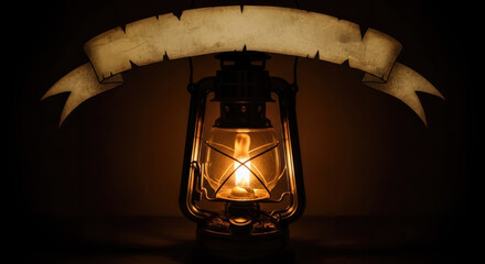 Vintage Kerosene Lamp Illuminating an Aged Scroll Banner in a Dark Space, Symbolizing Hope and Nostalgia with Copy Space