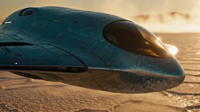 A futuristic hovercraft glides effortlessly over a cracked, arid landscape, with sunlight glinting off its sleek surface and fog swirling behind it, evoking a sense of adventure