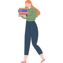 Illustration of a person with long red hair wearing a green sweater and dark blue pants carrying a stack of books with red white and blue covers against a white background