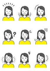 Illustration set of a young woman with nine different facial expressions