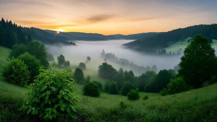 Scenic sunrise over rolling hills and misty valley reveals natural beauty - Powered by Adobe