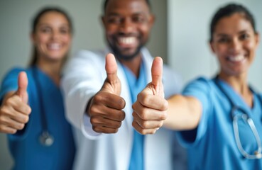 Medical professionals give thumbs up gesture, showing success and teamwork in hospital. Doctors and nurses express positivity and collaborate. Happy healthcare staff celebrate achievement together.