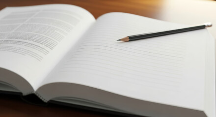 Professional close-up of an open book with a pencil resting on blank lined pages, ready for writing, representing learning and educational opportunities.