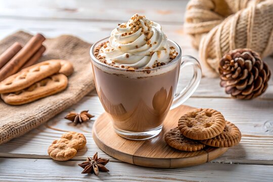 Hot chocolate with whipped cream, cinnamon sticks, star anise and cookies on wooden table