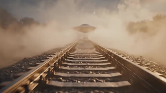 A futuristic, metallic UFO hovers above mist-covered railway tracks, surrounded by an atmospheric fog, creating an eerie yet captivating scene in a twilight setting