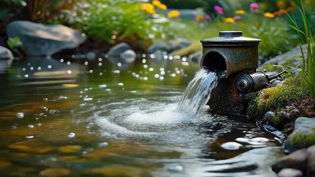 Water flowing from a rustic pipe into a serene pond with lush green foliage and colorful flowers in the background.